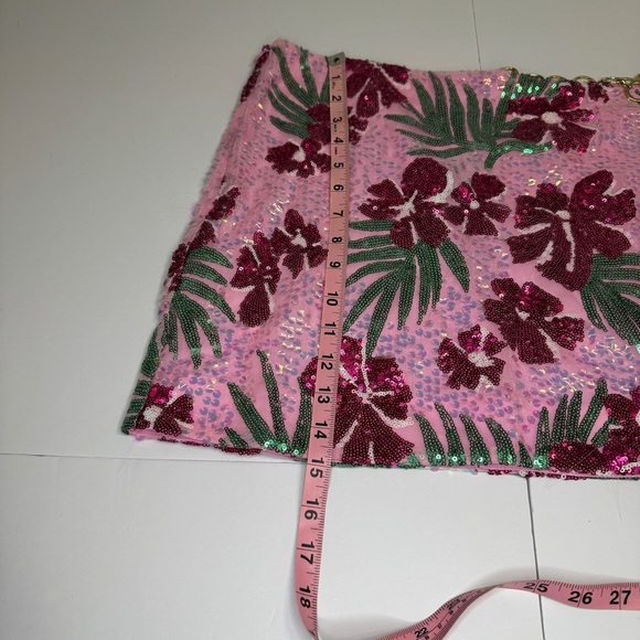 Maje Joustik Sequin Mini Skirt Hibiscus Floral Pink Gold Chain French 38/US M - Picture 7 of 9